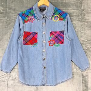 Womens Top 10 Petite Vintage Y2K Country Western Boho Ranch‎ Rodeo Button Denim